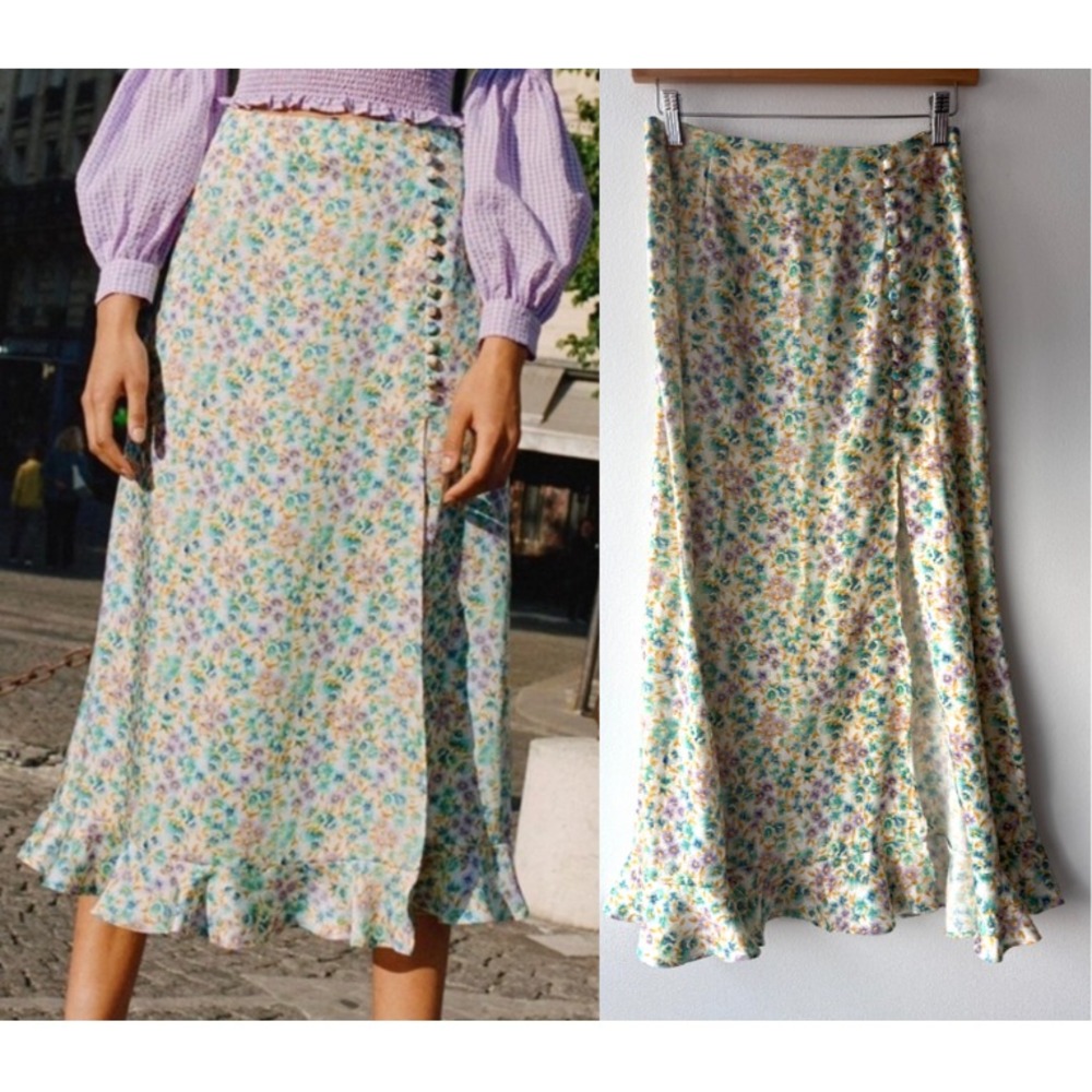 Zara Floral Midi‎ Skirt Women's XS Side Slit Romantic Lightweight Romantic EUC